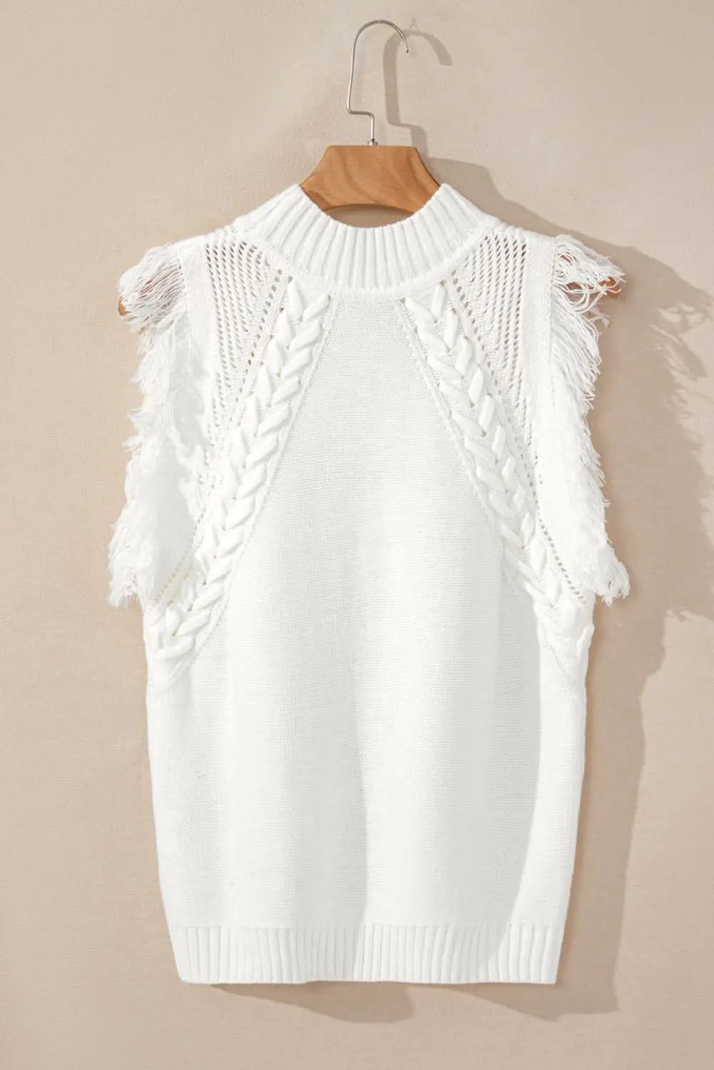 White Woven Tasseled Sleeveless Mock Neck Sweater Vest - Love Salve